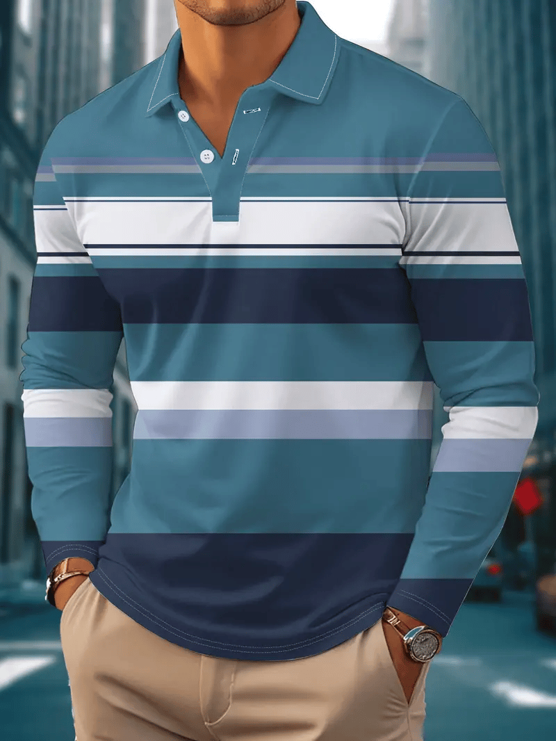 Men's Retro Business Stripe Print Long Sleeve Polo Shirt