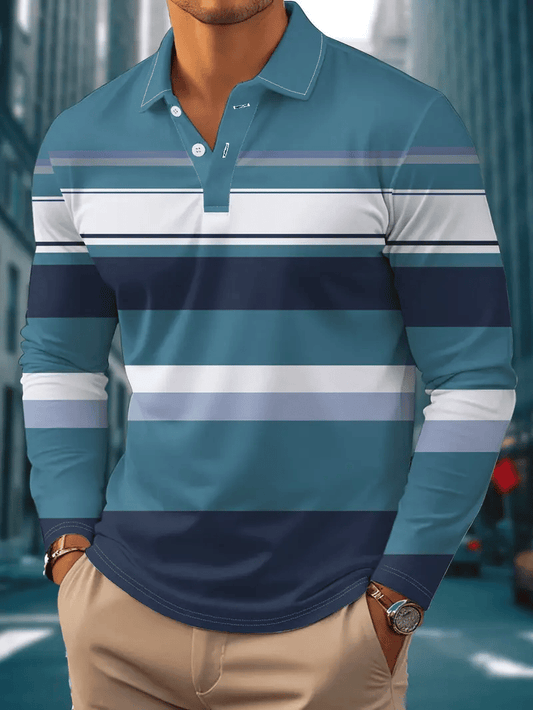 Men's Retro Business Stripe Print Long Sleeve Polo Shirt