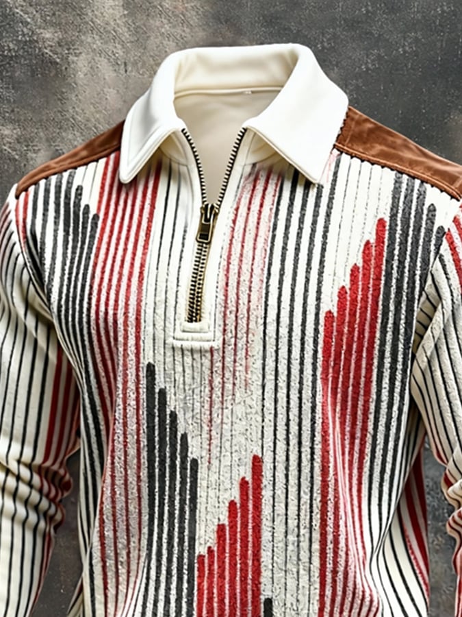 Men's Retro Color Block Print Color-Blocked Zip-Up Sweatshirt