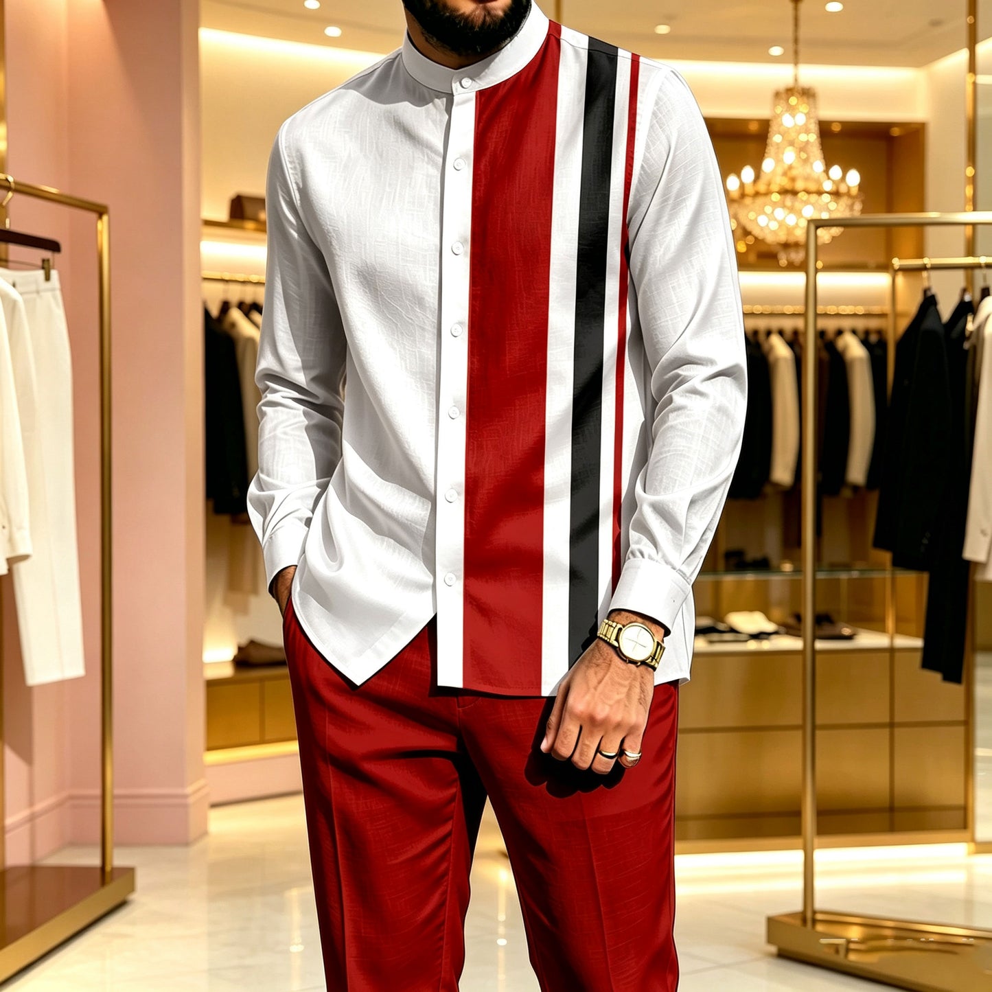 Men's Casual Red-and-White Block-Print Stand-Collar Long-Sleeve Shirt and Pants Two-Piece Set