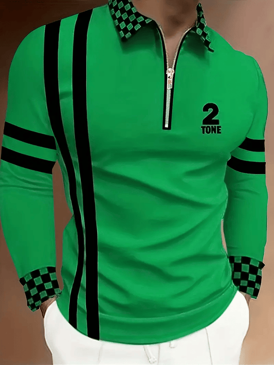 Men's Business Casual Striped Zip-Up Polo Shirt