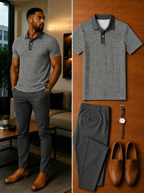 Men's Casual Short Sleeve Polo Shirt And Pants Two-Piece Set