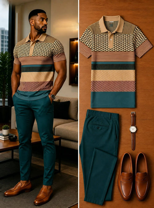 Men's Casual Short Sleeve Polo Shirt And Pants Two-Piece Set