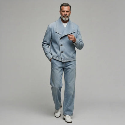 Men's Casual Light Blue Asymmetric Single Breasted Lapel Collar Denim Jacket