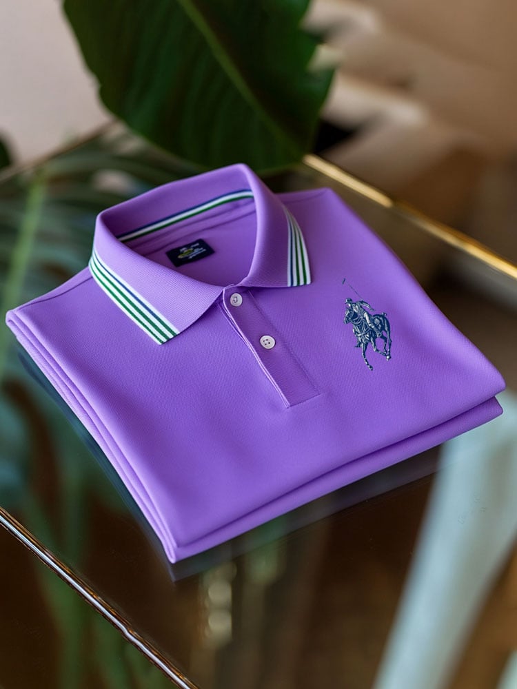 Men's Classic Business Check Logo Button Short Sleeve Polo Shirt