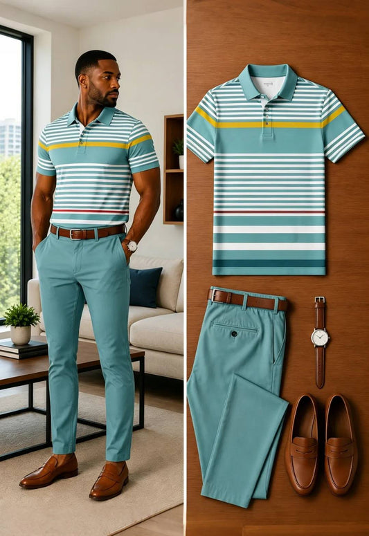 Men's Casual Short Sleeve Polo Shirt And Pants Two-Piece Set