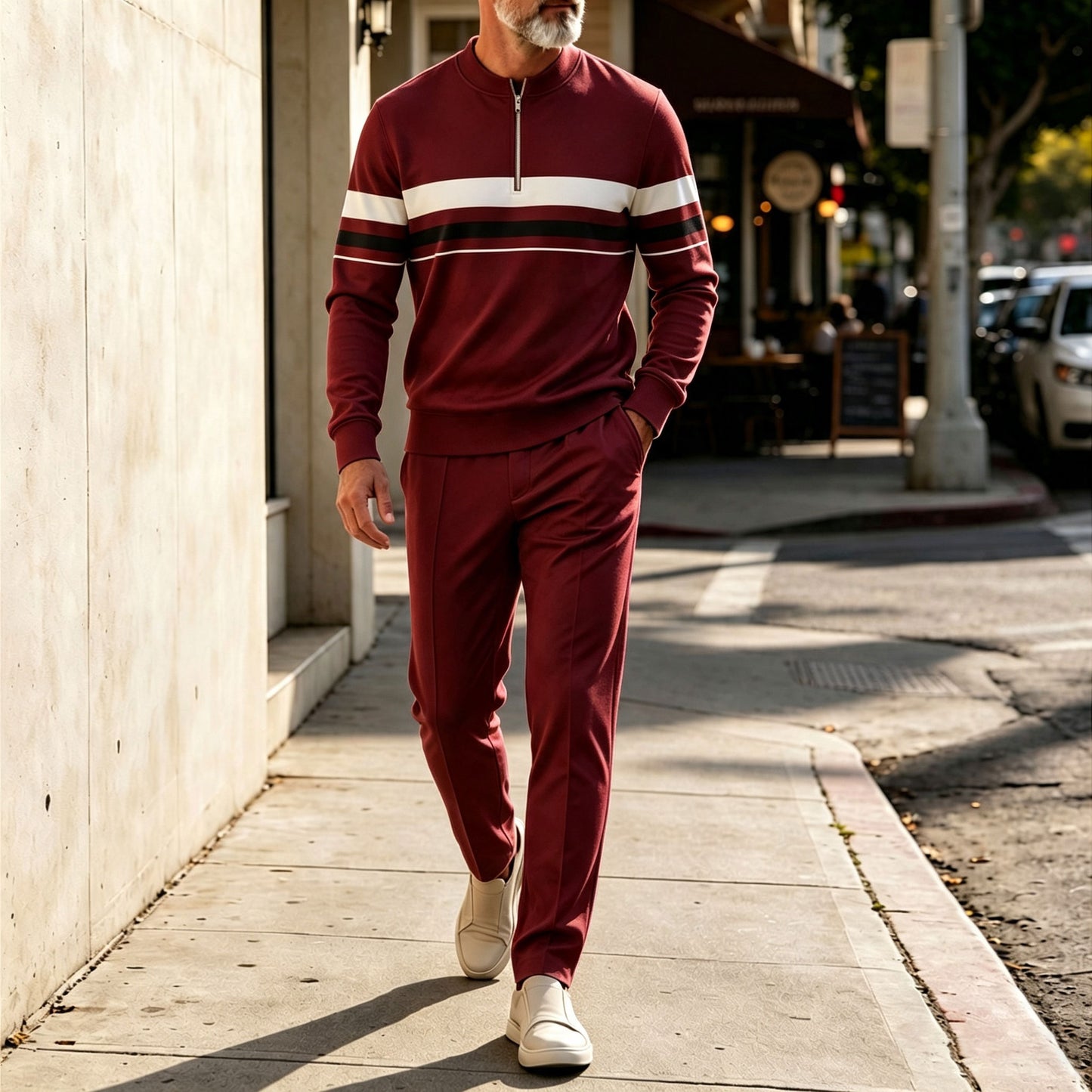 Men's Two-Tone Round-Neck Zipper Long-Sleeve Shirt and Pants Set