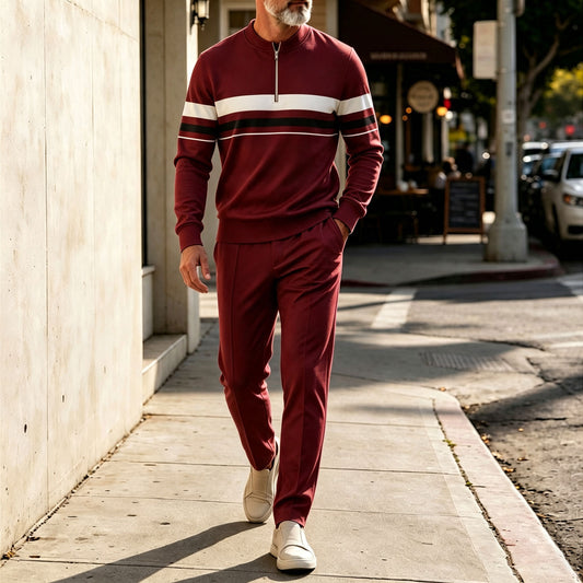 Men's Two-Tone Round-Neck Zipper Long-Sleeve Shirt and Pants Set