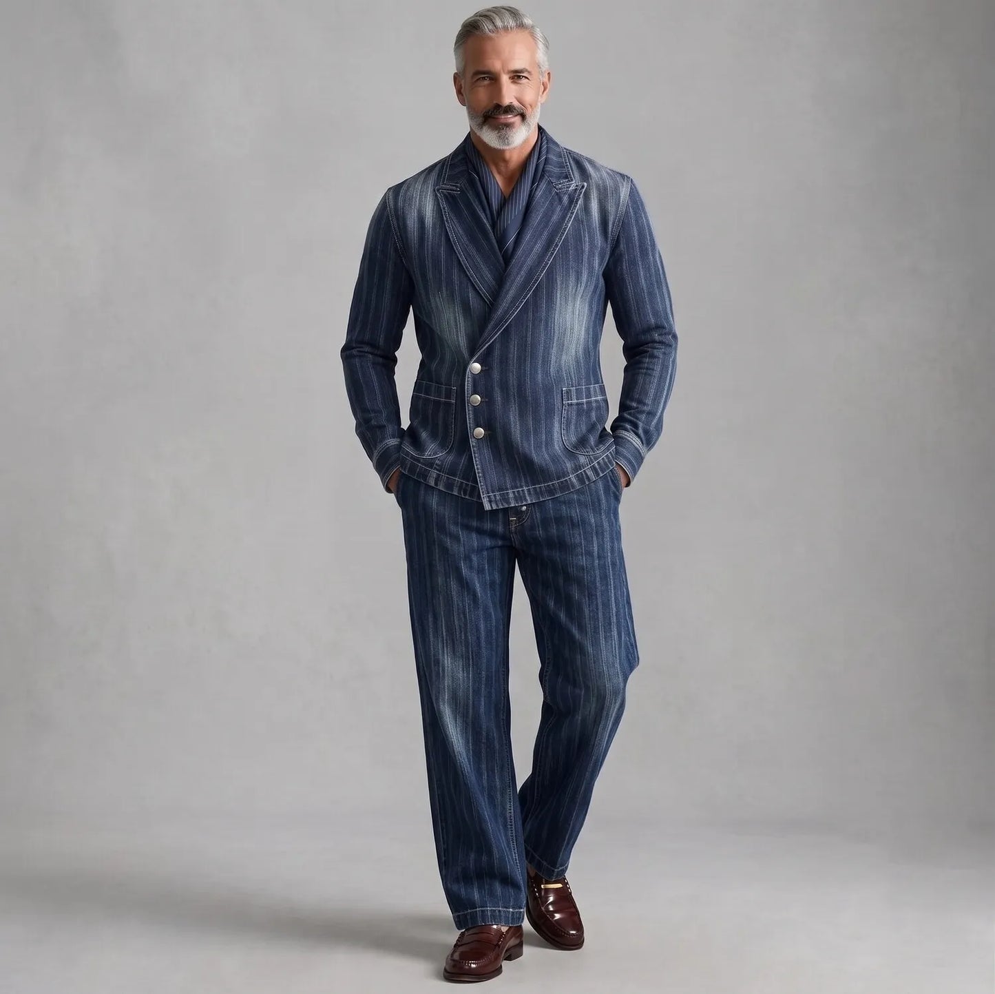 Men's Navy Blue Striped Denim Peak Lapel Asymmetric Single Breasted Blazer