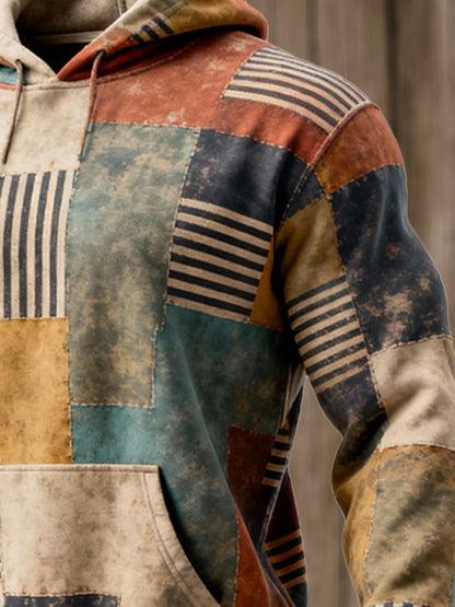 Men's Retro Distressed Color Block Print Casual Long Sleeve Sweatshirt