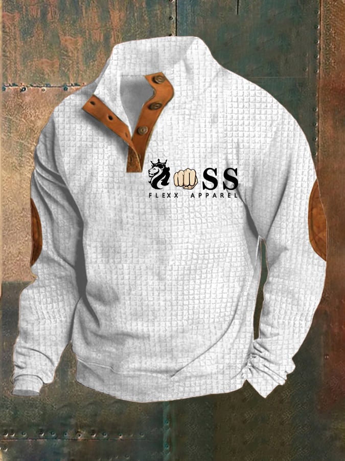 Men's Vintage Lettering Printed Stand Collar Check Button Sweatshirt