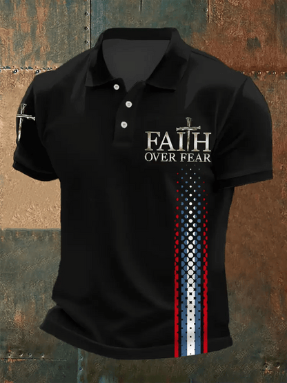 Men's Retro Faith “Faith Over Fear�? Casual Printed Polo Shirt