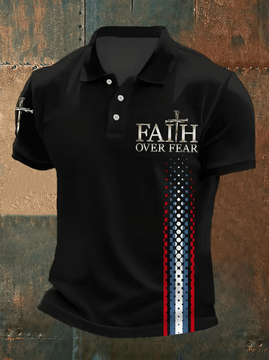 Men's Retro Faith “Faith Over Fear�? Casual Printed Polo Shirt