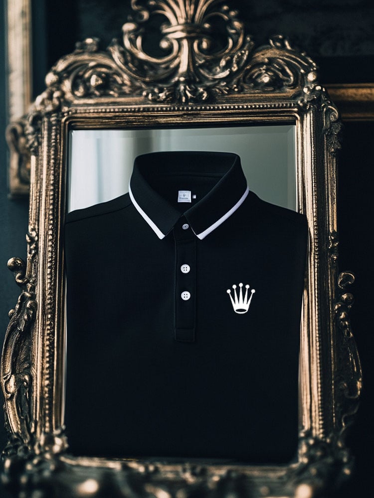 Men's Vintage Business Coconut Tree Logo Stripe Print Long Sleeve Polo Shirt