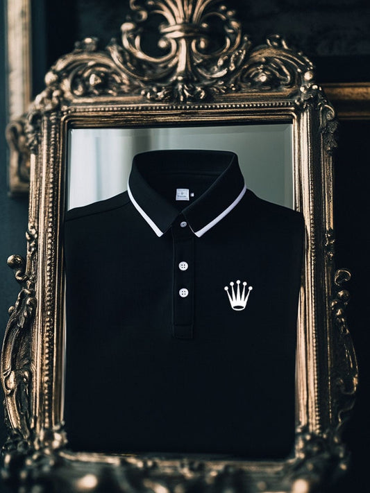 Men's Vintage Business Coconut Tree Logo Stripe Print Long Sleeve Polo Shirt