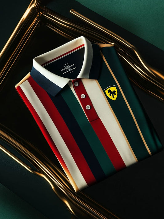 Men's Vintage Business Coconut Tree Logo Stripe Print Long Sleeve Polo Shirt
