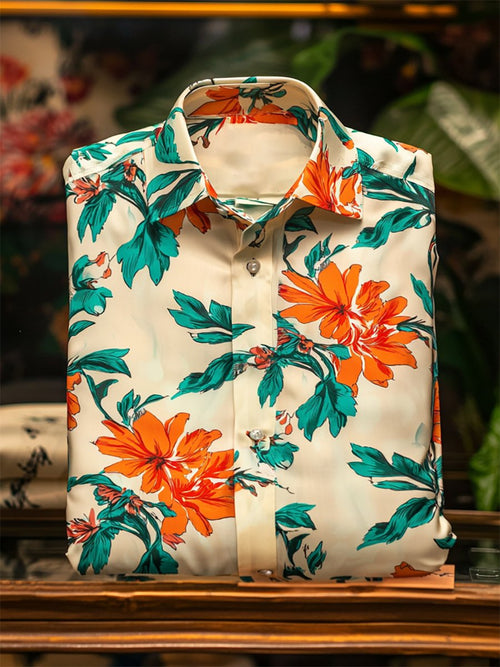 Men's Satin Luxe Hawaiian Print Short Sleeve Button Shirt