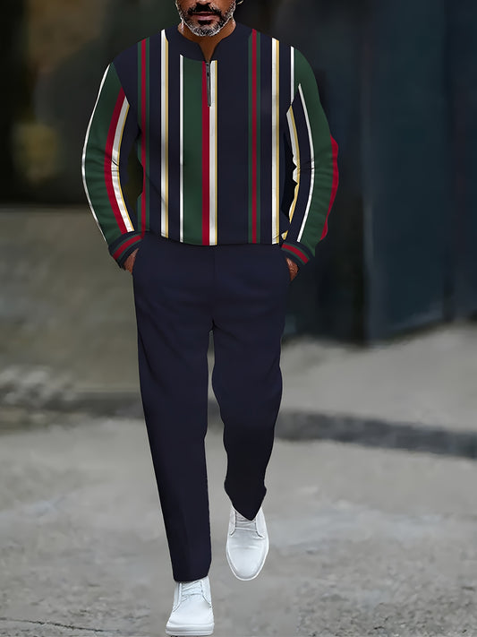 Men's Casual Color Matching Printed Round-Neck Zipper Long Sleeved Trousers Two-Piece Set