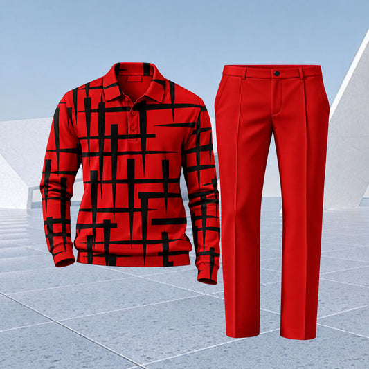 Men's Black and Red Geometric Polo Shirt and Pants Two-Piece Set