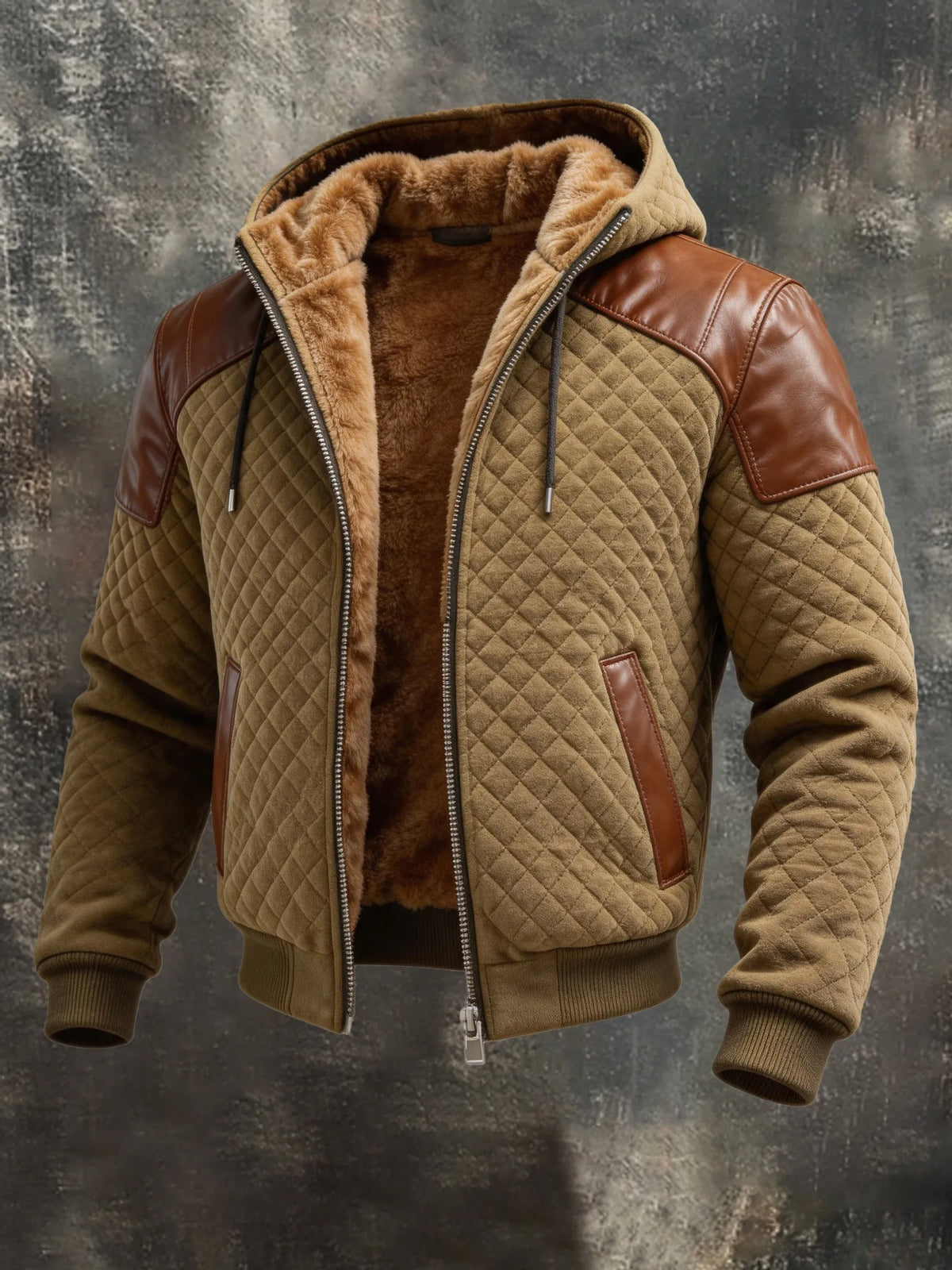 Men's Vintage Faux Leather-Paneled Fleece-Lined Hooded Jacket
