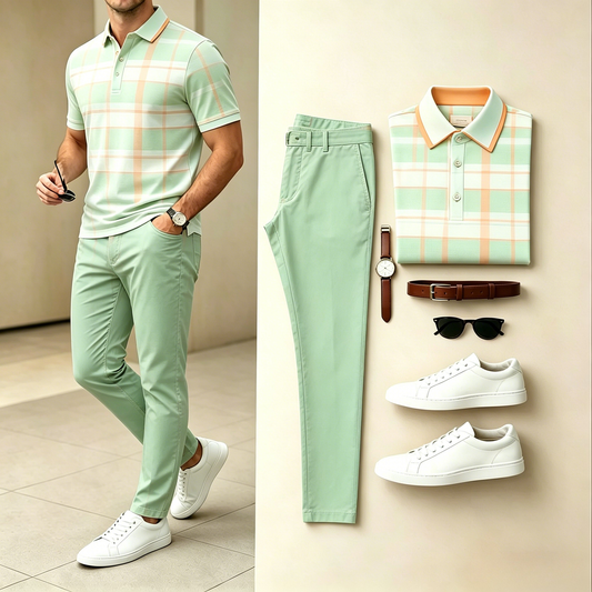 Men's Casual Light Green Plaid Collar Polo Shirt & Long Pants Two-Piece Set