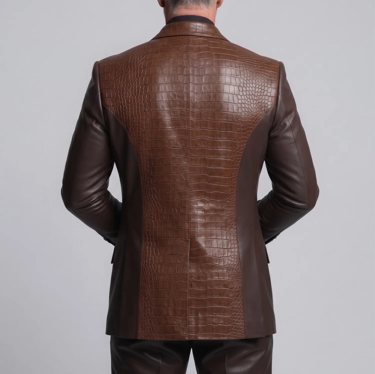 Men's Dark Brown PU Leather Crocodile Pattern Peak Lapel Double-Breasted Two-Tone Blazer