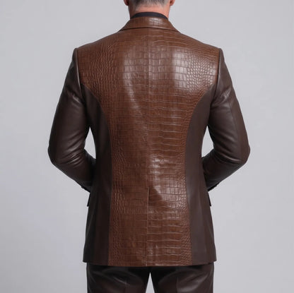 Men's Dark Brown PU Leather Crocodile Pattern Peak Lapel Double-Breasted Two-Tone Blazer