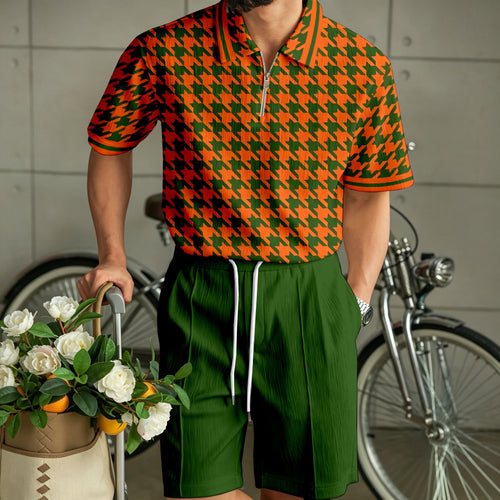 Men's Casual Wavy-Patterned Zipper Polo Shirt and Shorts Two-Piece Set