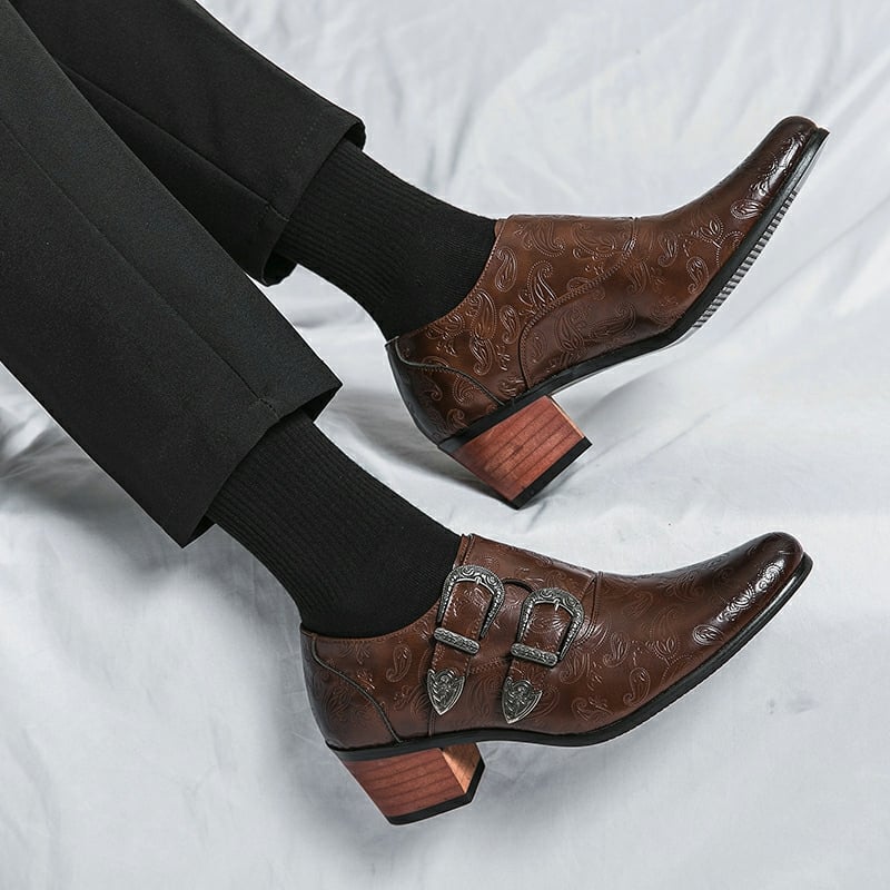 Men's Chunky Heel Sculpted Fashion Casual Buckle Leather Shoes