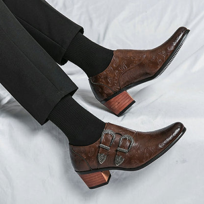 Men's Chunky Heel Sculpted Fashion Casual Buckle Leather Shoes