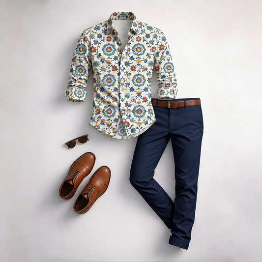 Men's Vintage Floral Print Long-Sleeve Shirt and Pants Set
