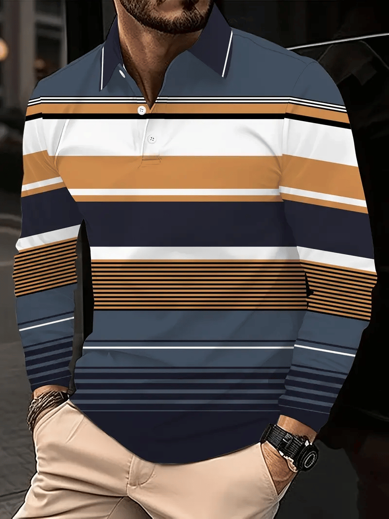 Men's Business Casual Striped Button-Down Polo
