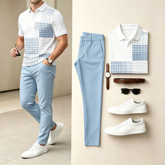Men's Casual Blue & White Color Matching Geometric Printed Short Sleeves Polo Shirt & Pants Two Piece Set