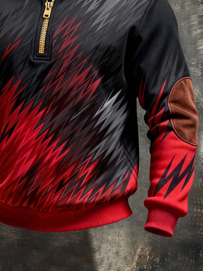Men's Retro Color Block Print Color-Blocked Zip-Up Sweatshirt