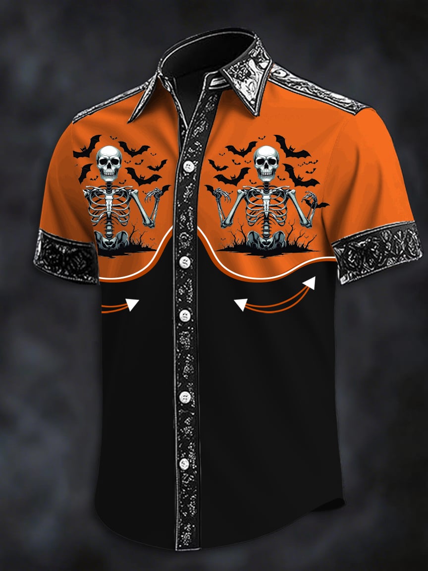 Men's Dark Skull Print Casual Short Sleeve Shirt