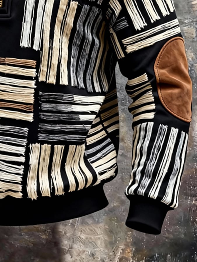 Men's Retro Color Block Print Zipper Sweatshirt