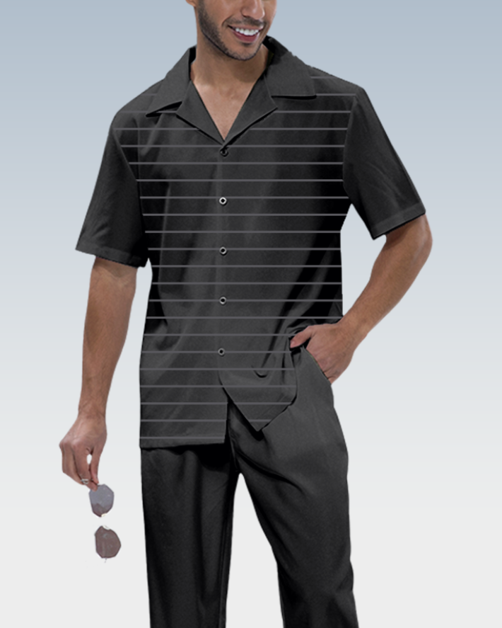 Suitmens Men's Black Striped Short Sleeve Shirt Walking Set 619