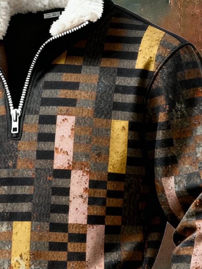 Men's Retro Color Block Print Casual Fur Collar Sweatshirt