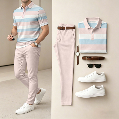 Men's Casual Striped Color-Block Print Short-Sleeve Polo Shirt And Pants Set (Excludes Accessories Such As Watches And Belts)