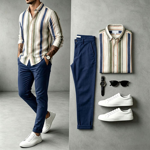 Men's Striped Long-Sleeve Shirt and Pants Set