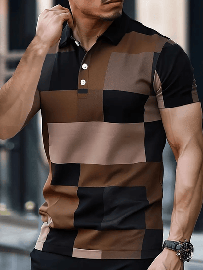Men's Business Stripe Logo Button-Down Short Sleeve Polo Shirt
