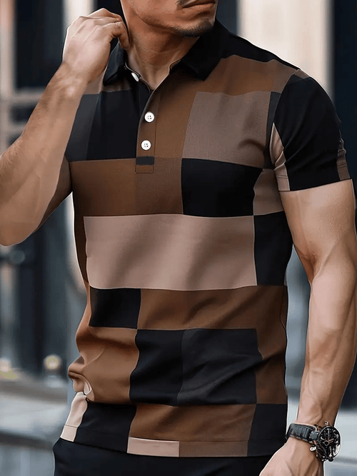 Men's Business Stripe Logo Button-Down Short Sleeve Polo Shirt