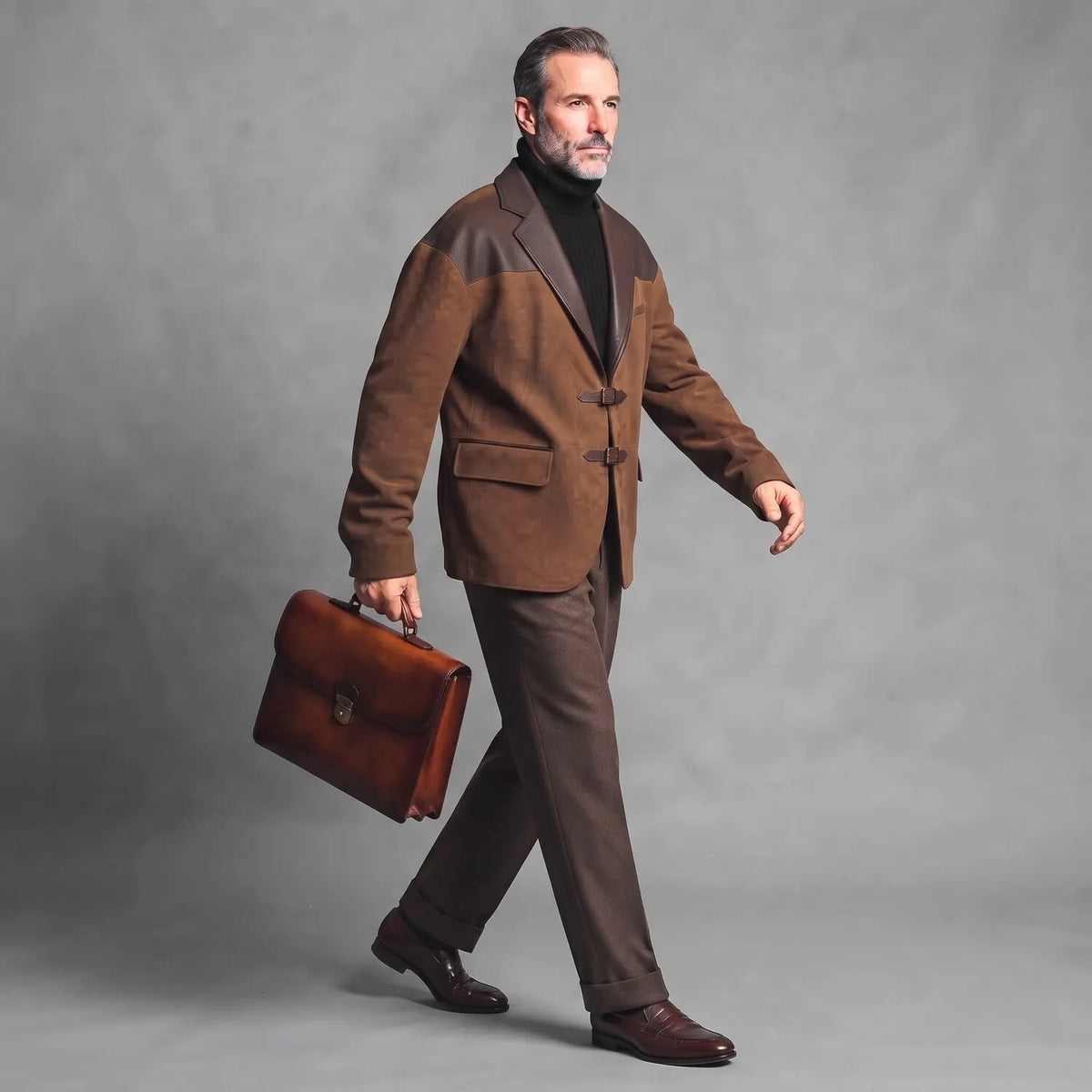 Men's Brown Suede PU Leather Drop Shoulder Notch Lapel Double Buckle Closure Blazer