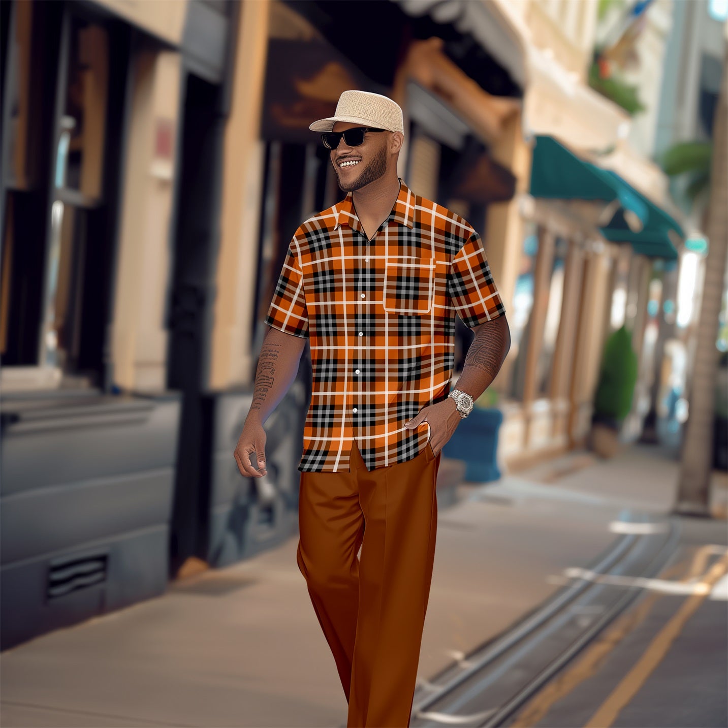 Men's Retro Plaid Colorblock Short Sleeve Shirt Walking Suit 1650
