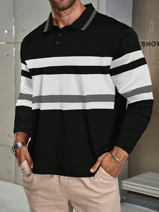 Men's Striped Business Casual Long Sleeve Polo Shirt