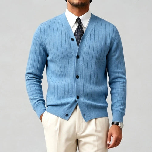 Men's Casual V-Neck Button-Down Sweater, Solid Color
