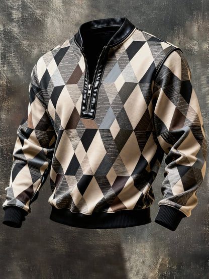 Men's Vintage Color-Block Printed Zip-Up Hoodie