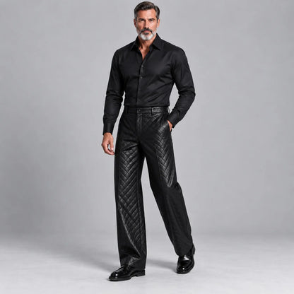 Men's Black PU Leather Quilted Straight Wide Leg Casual Pants