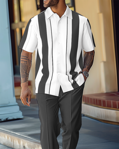 Men's Textured Short Sleeve Printed Two-Piece Walking Pants Set 063