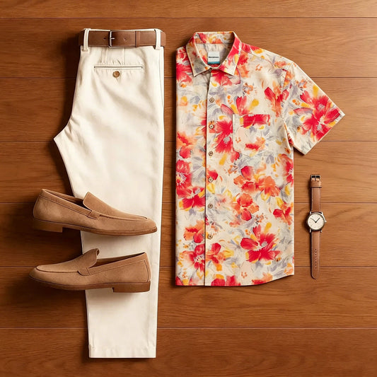 Watercolor Red Floral Men Short Shirt Trousers Suit